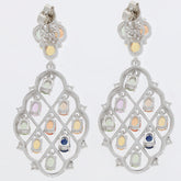 Oval multi-color sapphire sterling silver earrings featuring a sparkling gemstone and intricate design.